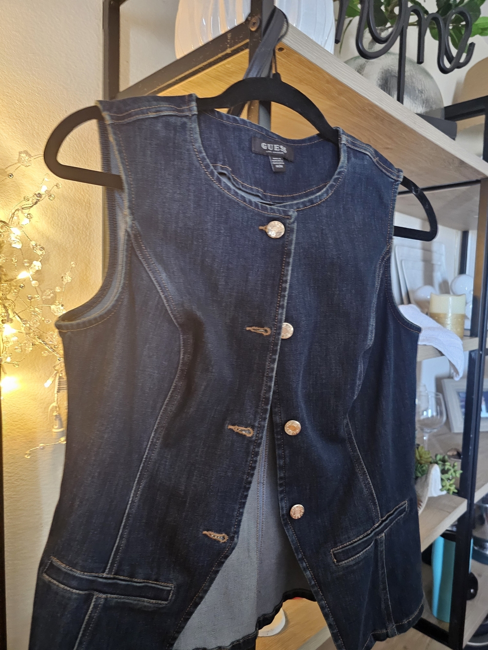 GUESS Dark Indigo Denim Vest with Metallic Buttons